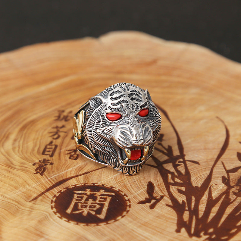 925 Ornament Exaggerated And Personalized Vintage Thai Silver Ring Inlaid Turquoise Tiger Ring