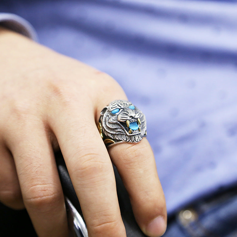 925 Ornament Exaggerated And Personalized Vintage Thai Silver Ring Inlaid Turquoise Tiger Ring