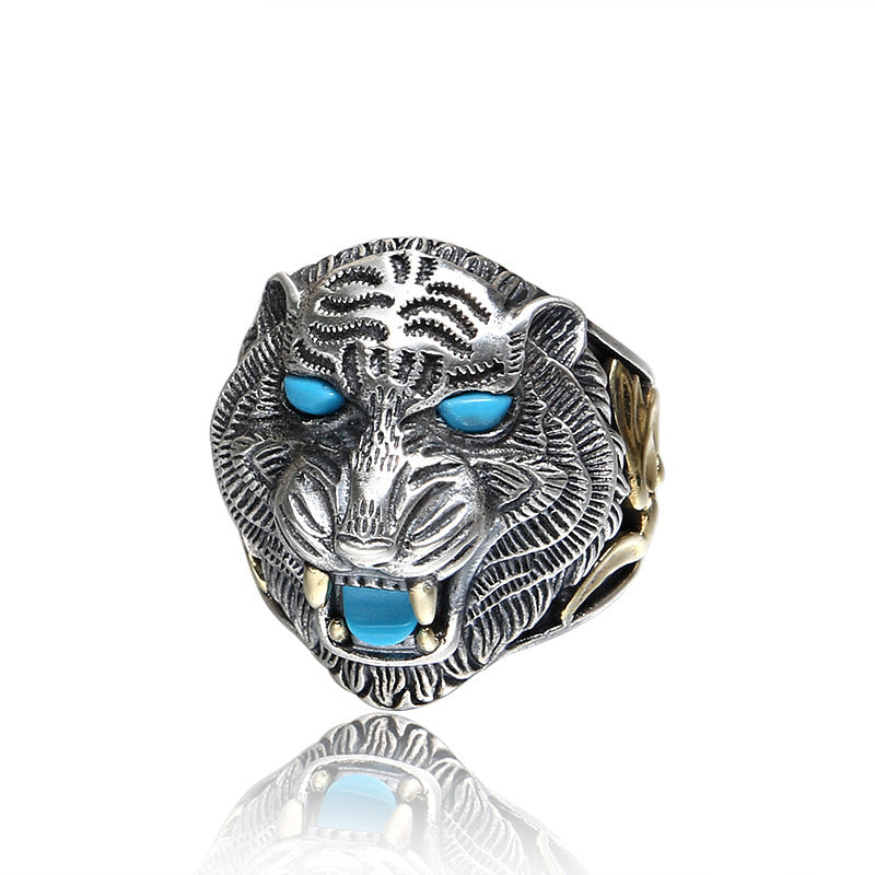 925 Ornament Exaggerated And Personalized Vintage Thai Silver Ring Inlaid Turquoise Tiger Ring