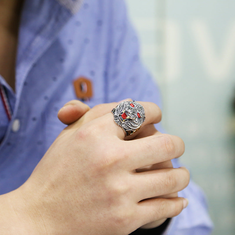 925 Ornament Exaggerated And Personalized Vintage Thai Silver Ring Inlaid Turquoise Tiger Ring