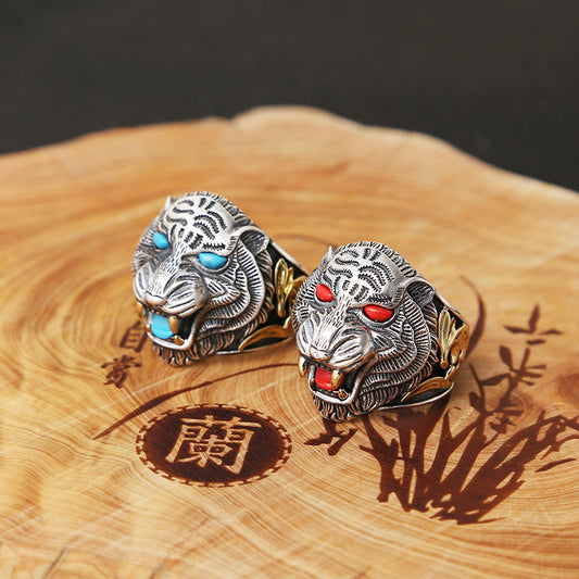 925 Ornament Exaggerated And Personalized Vintage Thai Silver Ring Inlaid Turquoise Tiger Ring