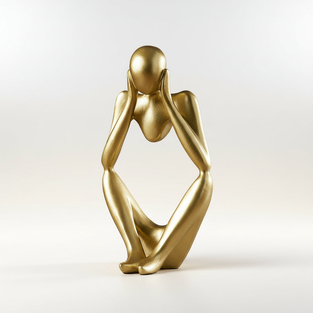 Gold sculpture of a figure with hands over ears on a white background 