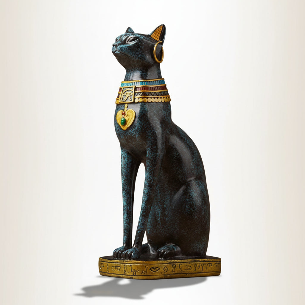 Statue of a cat with Egyptian-style jewelry on a plain background