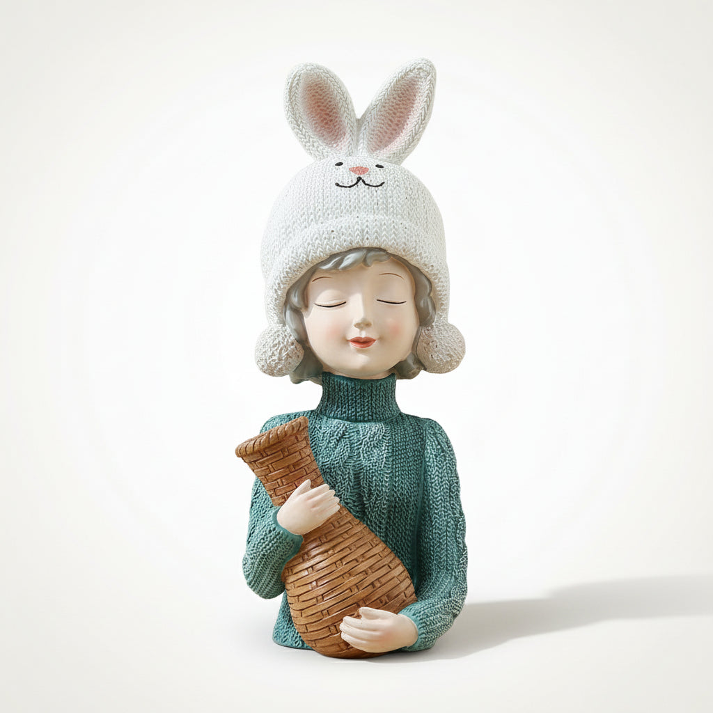Decorative figurine of a girl wearing a bunny hat and holding a basket on a wooden surface with a gray background.