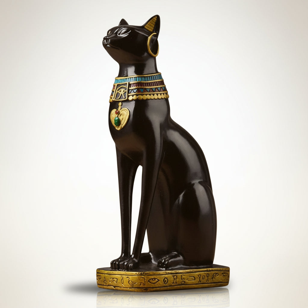 Statue of an Egyptian cat with decorative collar on a wooden surface