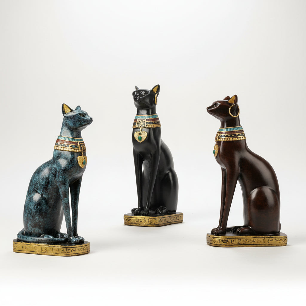 Three Egyptian-style cat figurines with decorative collars on a white background
