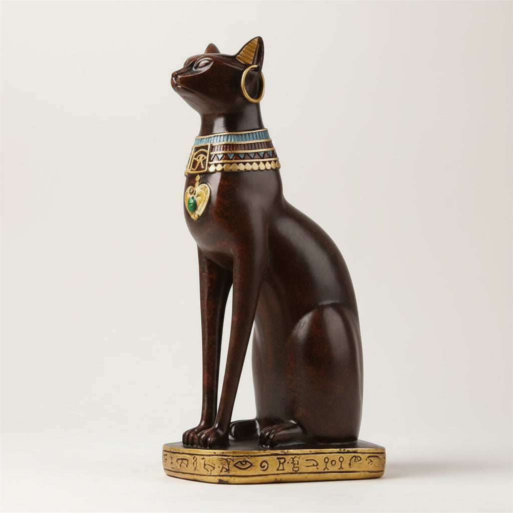 Statue of a cat with Egyptian-style jewelry on a plain background