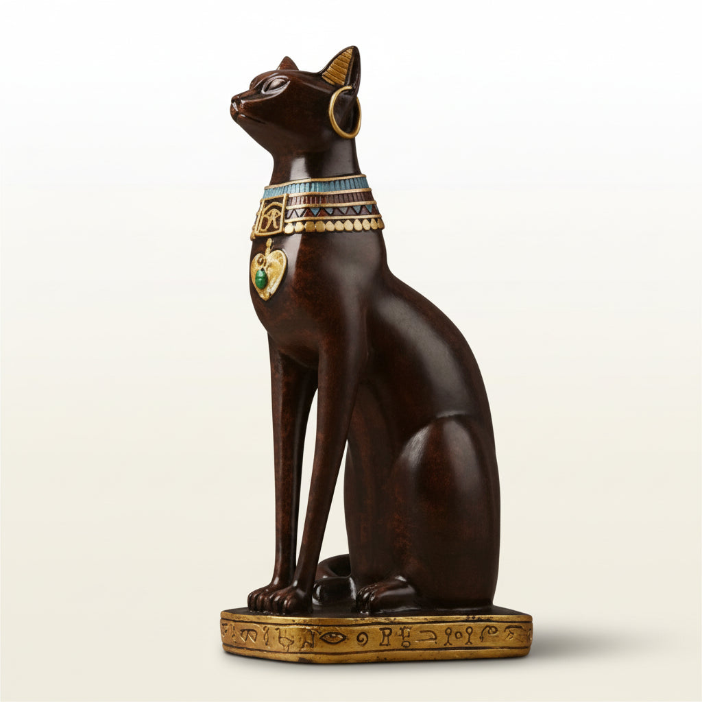 Statue of a cat with Egyptian-style jewelry on a plain background