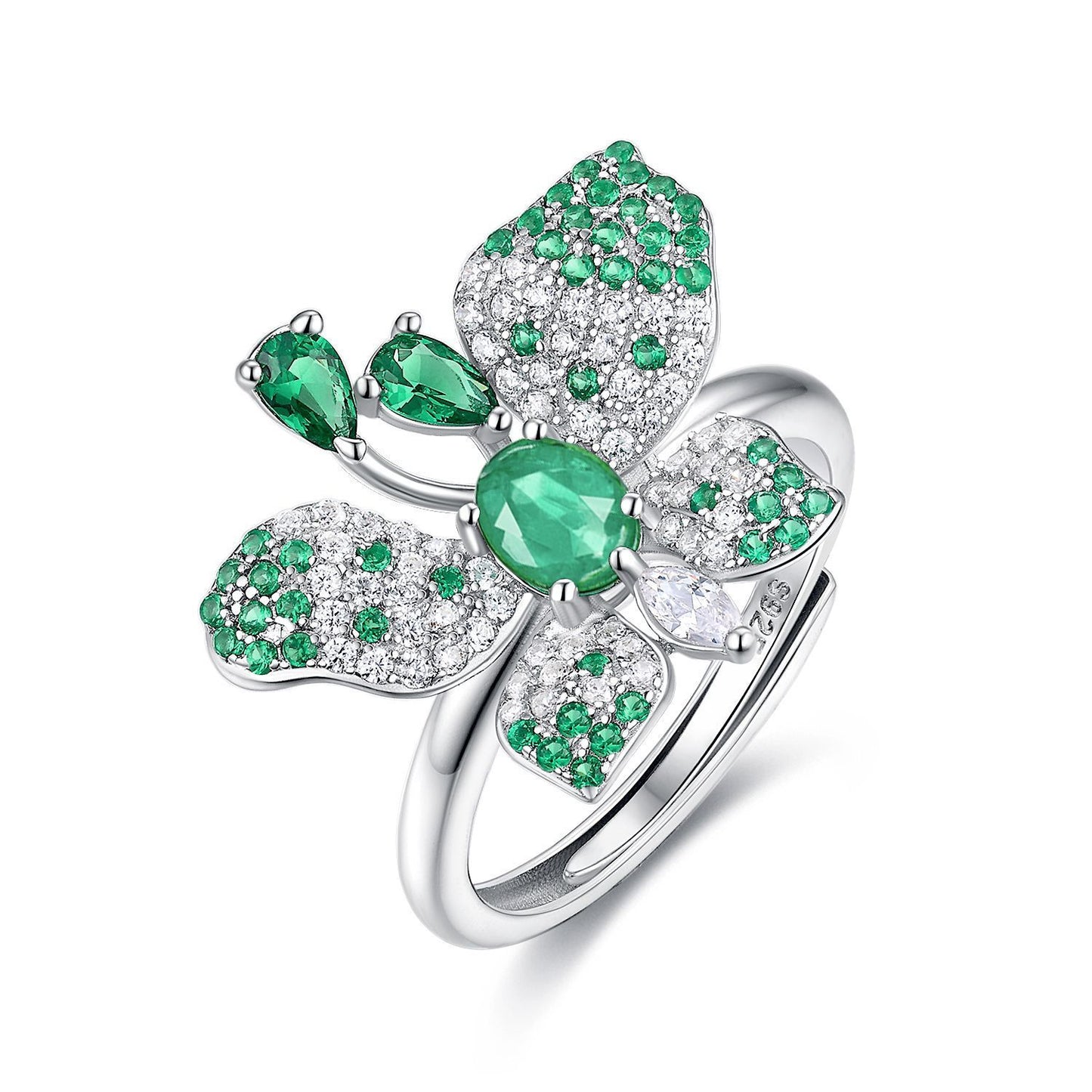 Partysu Butterfly Shape Ring S925 Silver Inlay Natural Emerald